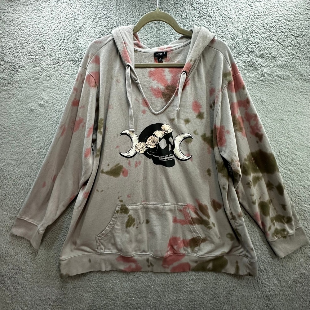 Torrid Women 4 Skull Moon Floral Tie Dye V-Neck Hoodie Sweatshirt Gray Pink
